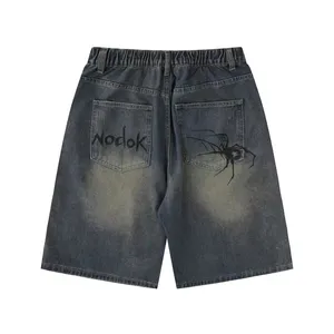 Hot Selling Lichtblauwe Retro Gewassen Oude Spider Print Jeans Rechte Losse Shorts Voor Mannen