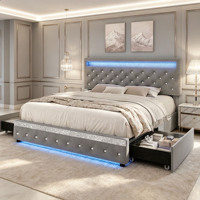Cadre de lit multifonctionnel à LED réglable avec tiroirs de rangement sous le lit, lit plateforme rembourré en velours doux, design européen pour chambre à coucher