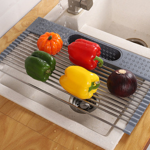 Roll up Folding Stainless Steel Over Sink Metal Kitchen Storage Dish Drying Rack Counter Space Saver Gadgets Wash Sponge Holder