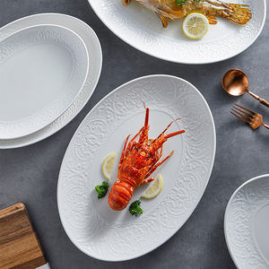 Juego de Platos de Porcelana Blanca Ecológica para Restaurante y Bodas, Plato Ovalado de Cerámica con Diseño en Relieve, Plato Elíptico para Pescado - Product Image 3