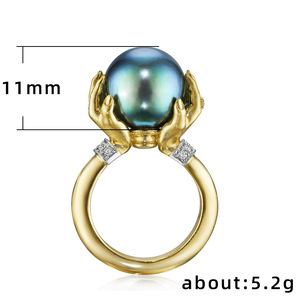 Anello Stile Perla Nera, Gioiello Elegante da Donna, Regolabile, Bicolore in Lega di Rame, Anello Minimalista - Product Image 5