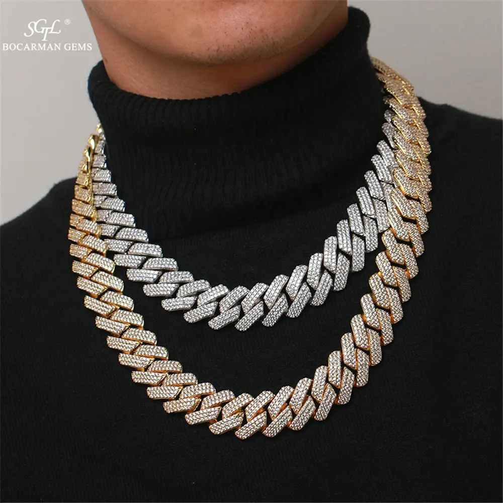 S925 Silver high quality 20MM diamond Cuban chain hip hop necklace bracelet trinket with three rows of Moissanite stone