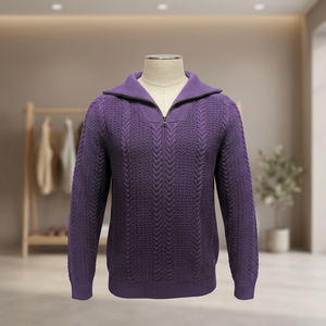 Chemise décontractée pour homme, violette, à col à revers, avec fermeture éclair 1/4, à manches longues et à motif torsadé - Product Image 1