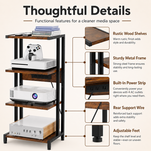 Custom Media Console Stereo Racks and <b>Stands</b> <b>Shelves</b> Rustic Brown AV <b>Stand</b> with Outlets Audio Tower Cabinet - Product Image 3