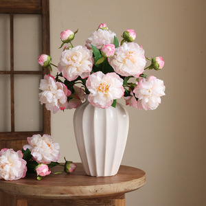 Bouquet de fleurs artificielles en soie pivoine à double tête, vase vert, décoration d'intérieur, arrangement floral pour salon - Product Image 2