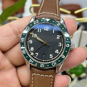 Montre mécanique pour homme en acier inoxydable avec lunette verte, cadran noir, bracelet en cuir, affichage de la date, analogique sportive, 40 mm - Product Image 2