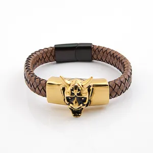 Punk hip-hop style stainless steel black leather popper bracelet Animal head gold plated jewelry charm leather bracelet for men