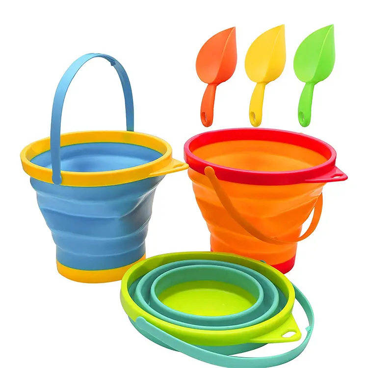 Multi Portable 2.5L Silicone Kids Outdoor Beach Camping Round Water Food Fishing Collapsible Foldable Pail Bucket with Shovels