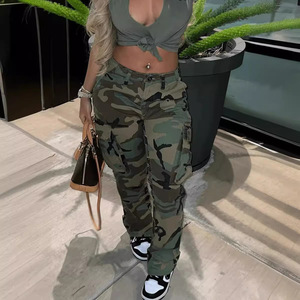 Wholesale <strong>Women</strong> Camouflage Cargo Denim Pants High Rise Side Pocket Straight Leg <strong>Camo</strong> Street Casual Workwear <strong>Trousers</strong> - Product Image 4