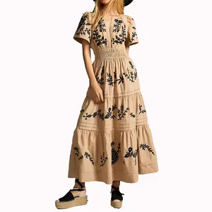 Garment manufacturer wholesale women's casual linen V-neck Short Sleeve Embroidered Print Tiered Maxi Dress