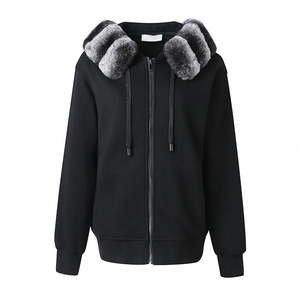 Nuove Felpe in Cotone Tinta Unita <span class=keywords><strong>con</strong></span> Cerniere e Colletto in Pelliccia di Coniglio Rex Staccabile per Donne - Product Image 4
