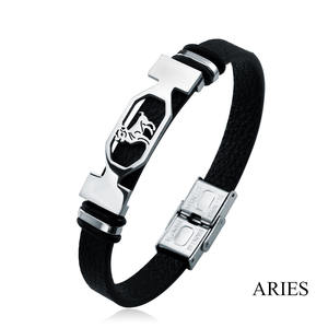Pulsera de cuero del zodiaco, brazalete de acero inoxidable, 12, JW0006, nueva moda - Product Image 5