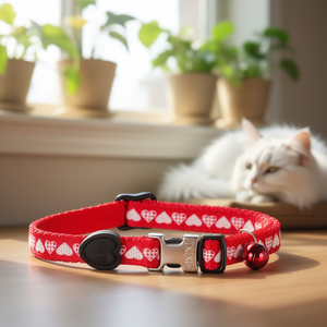 Collar para Gatos con Diseño de Cinta de Nailon con Patrón de Corazones Rojos y Campana - Product Image 3