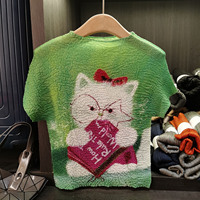 T-shirt d'été plissé en polyester imprimé motif chat mignon, coupe ample et respirante pour femme