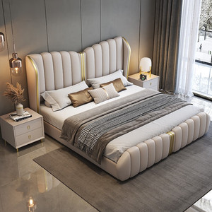 Nuovo Design Set di Mobili per Camera da <span class=keywords><strong>Letto</strong></span> di Lusso Italiano, <span class=keywords><strong>Letto</strong></span> King Size Moderno con Testiera in Pelle, Struttura in Legno Resistente - Product Image 4