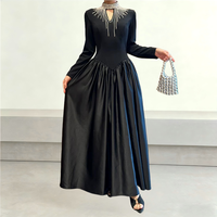 Robe Abaya de Luxe Noire en Satin de Dubaï pour Femme, Manches Longues, Col Orné de Strass, Maxi Formelle de Soirée pour Mariage et Fêtes