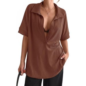 Custom <b>Womens</b> Oversized Deep V Neck Ribbed Knit Shirt Short Sleeve Casual <b>Top</b> Summer Wear - Product Image 1