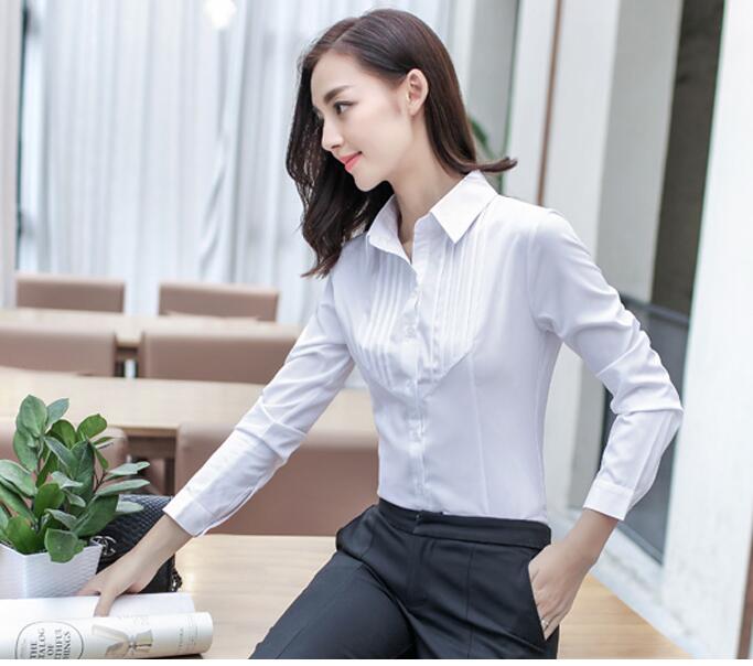 Women's Long Sleeve Slim Fit Formal Dress Top - White Shirt