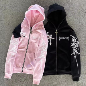 <span class=keywords><strong>Felpa</strong></span> con Cappuccio Personalizzata con Stampa Teschio e Croce Gotica per Uomo e Donna, Stile Y2K Streetwear Oversize con Zip - Product Image 1