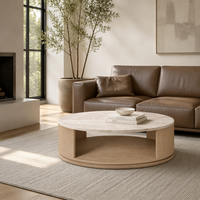 Table basse ronde moderne de luxe avec plateau en pierre et base en bois massif, élégante table centrale circulaire pour le salon