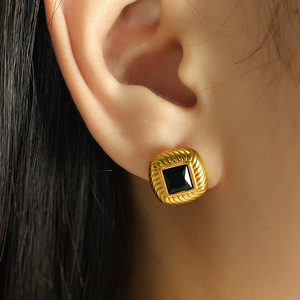 Winter French Retro Square Stud <b>Earrings</b> 18k Plated Black <b>Green</b> Glass Stones Geometric Design For Women - Product Image 4