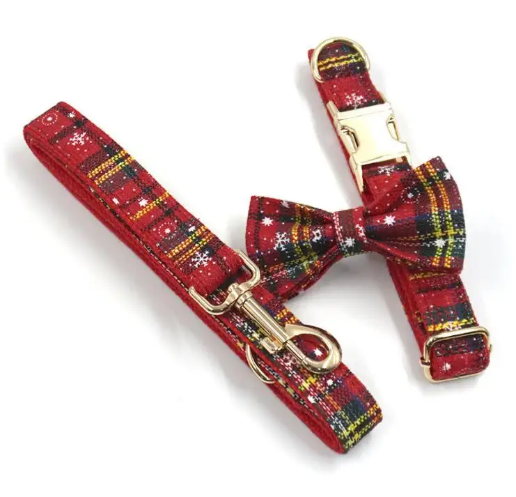 Red Christmas Theme Cat pet collar leash set for dog with bowknot for lovely kitty golden color safety buckle D ring 5 sizes