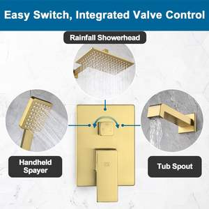 ברז ג 'קוזי מקלחת צבע זהב ידית כפולה ראש מקלחת מרובע ראש עיצוב מודרני גשם גשם רכוב קיר מקלחת 12 אינץ' - Product Image 4
