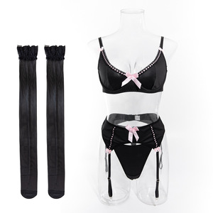 เซ็ตชุดชั้นในสุดเซ็กซี่แบบติดโบว์สีช<span class=keywords><strong>ม</strong></span>พูชุดชั้นในเซ็กซี่บราสีดำถุงน่องแบบมีสายรัดชุดเซ็ตชุดชั้นในสุดเซ็กซี่แบบสี่ชิ้นสำหรับผู้หญิง - Product Image 6