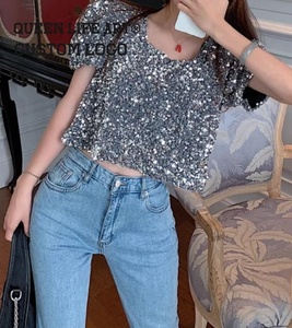 <strong>Golden</strong> Sequins <strong>Tops</strong> for Womens Custom Vintage Casual Women's Cotton T-shirtss <strong>Crop</strong> Tight <strong>Tops</strong> With Puff Print Manufacturer Direct - Product Image 3