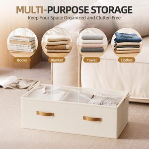 Organizador de almacenamiento debajo de la cama, color beige lino, con ventana transparente, apilable y plegable, para edredones y ropa de cama. - Product Image 2