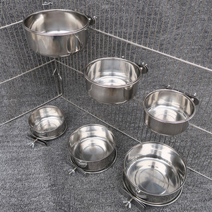 Gamelle double en acier inoxydable avec crochet de suspension pour cage, pour l'eau et la nourriture des oiseaux - Product Image 1