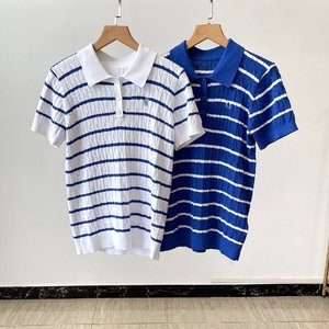 <span class=keywords><strong>Polo</strong></span> de punto de algodón de manga corta para <span class=keywords><strong>mujer</strong></span>, estilo universitario, con bordado de letras <span class=keywords><strong>y</strong></span> solapa con muescas, a <span class=keywords><strong>rayas</strong></span>, moda de verano 2026 - Product Image 2