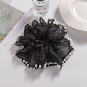 Elegant Black Mesh Hair Scrunchies Lace Pearl Hair <b>Flower</b> <b>Sweet</b> Rhinestone Hair Rope for Women Stylish Ponytail Accessories - Product Image 5