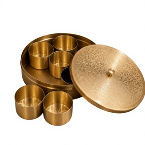 Shiny Embossed Gold Polished Brass Masala <b>Box</b> With Storage Cups For <b>Herbs</b> And Spices Kitchen Organizer With Lid - Product Image 1