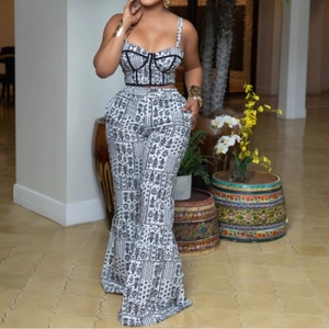 Women's Black and <b>White</b> Printed Halter Top and High-Waisted Flared Pants <b>2</b>-<b>Piece</b> <b>Set</b> Fashion - Product Image 2