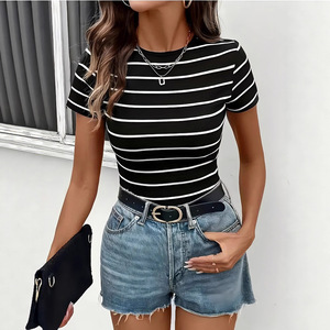 Camiseta Casual de Verano al por Mayor, Estilo Europeo Americano, Clásica, a Rayas Blancas y Negras, Cuello Redondo, Manga Corta - Product Image 3