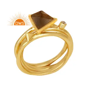 White Zircon Smoky Quartz Ring Gemstone Designer Ring Yellow Gold Plated Silver Stackable Ring Jewelry Supplier
