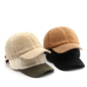 カスタムロゴ卸売ファジー素材フェイクファーファッション暖かい2トーンカラー6パネルコーデュロイ空白非構造化お父さん帽子