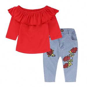 Conjunto de 2 Piezas para Niñas, Blusa de Manga Larga con Volantes y Hombros Descubiertos, Pantalones Vaqueros con Flores Rosas, Traje de Verano para Bebés - Product Image 2