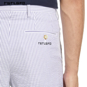Pantalones Cortos Chino a Rayas Premium para Hombre, Azul Marino y Blanco, de Sarga de Algodón, Corte Ajustado, Transpirables, con Cierre de Botón, para Fiestas en el Jardín y Actividades al Aire Libre - Product Image 3