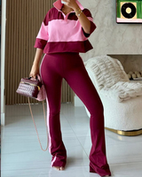 Ensemble de survêtement 2 pièces pour femmes avec logo personnalisé, idéal pour les grandes tailles : Polo à rayures et pantalon de sport