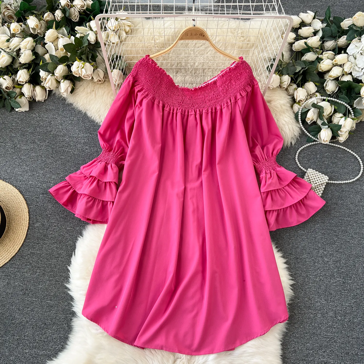 Wholesale 2023 One Shoulder Sweet Flare Sleeves Loose and Fashionable Age Reducing Off The Shoulder Holiday Women's Dress