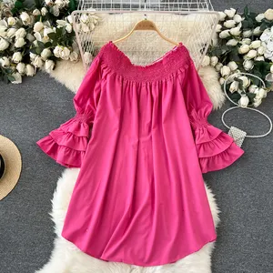 Wholesale 2023 One Shoulder Sweet Flare Sleeves Loose and Fashionable Age Reducing Off The Shoulder Holiday Women's Dress