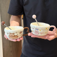 Mug en céramique mignon à motif de dessin animé avec poignée et cuillère, ensemble cadeau tasse individuelle, cadeaux automne 2025