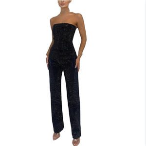 Elegante Completo Estivo da <span class=keywords><strong>Donna</strong></span> Lunghezza al Ginocchio con Top Lucido Senza Spalle e <span class=keywords><strong>Pantaloni</strong></span> con Diamanti per il Mercato Europeo e Americano - Product Image 5