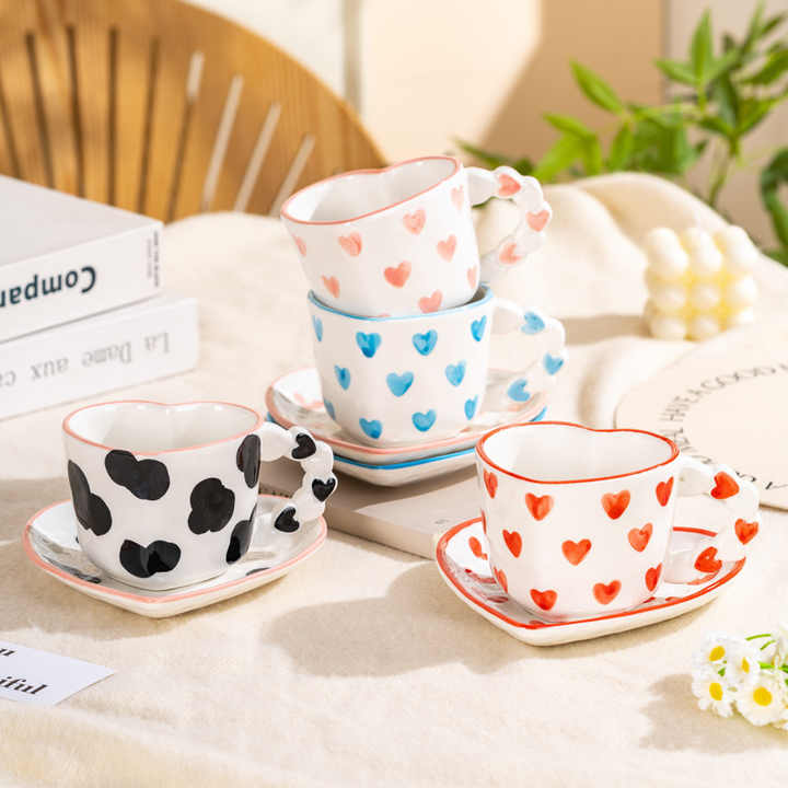 Wholesale Handmade Creative Ceramic Mug Irregular Hand Drawn Cute Mug Ceramic Coffee Mugs with Saucers