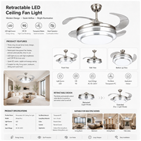 Kipas Angin Plafon LED DC Motor Retractable Modern 42 Inch dengan Lampu, Baling-Baling Transparan, Finishing Nikel Brushed untuk Villa, Ruang Tamu, Kamar Tidur