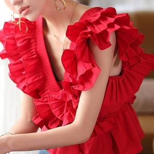 Chemise pour femme à col en V qui définit la taille, avec volants plissés et haut sans manches, tendance - Product Image 5