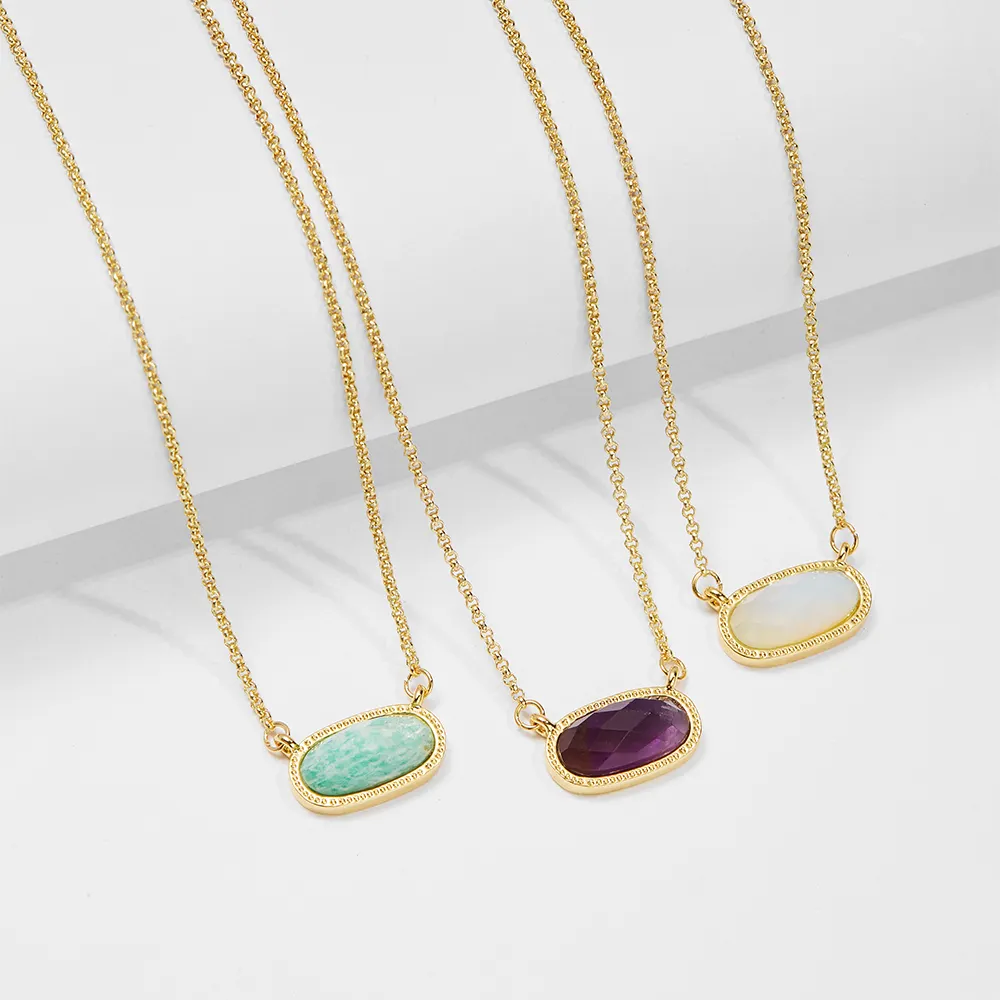 Factory stainless steel gold chain necklace crystal pendant necklace natural stone square oval amazonite inlaid necklace pendant