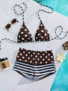 Conjunto de Bikini Triangular Halter de Color Sólido para Mujer, Traje de Baño de Dos Piezas con Tiras en la Espalda y Pantalones Cortos Tipo Boyshort, Ropa de Playa - Product Image 6